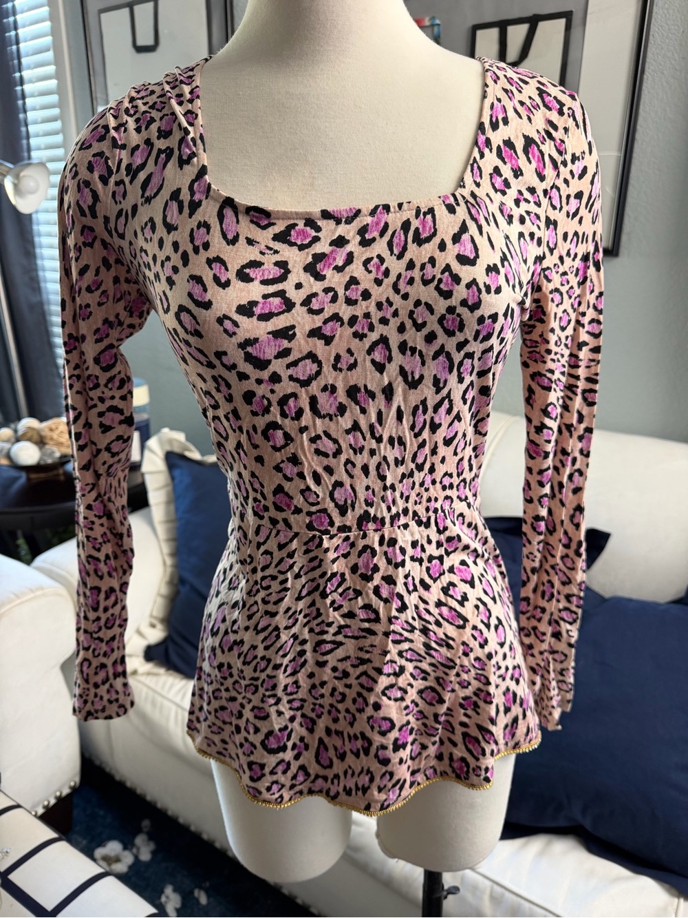 Women's Pink Leopard Print Long-Sleeve Peplum Top with Rhinestone Trim